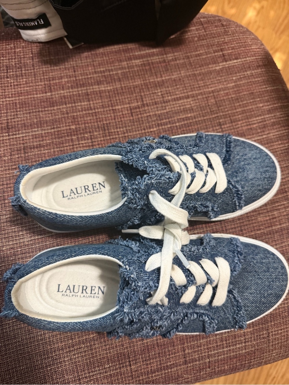 LAUREN Ralph Lauren Distressed Denim Lace-Up Sneakers in Blue with White Laces